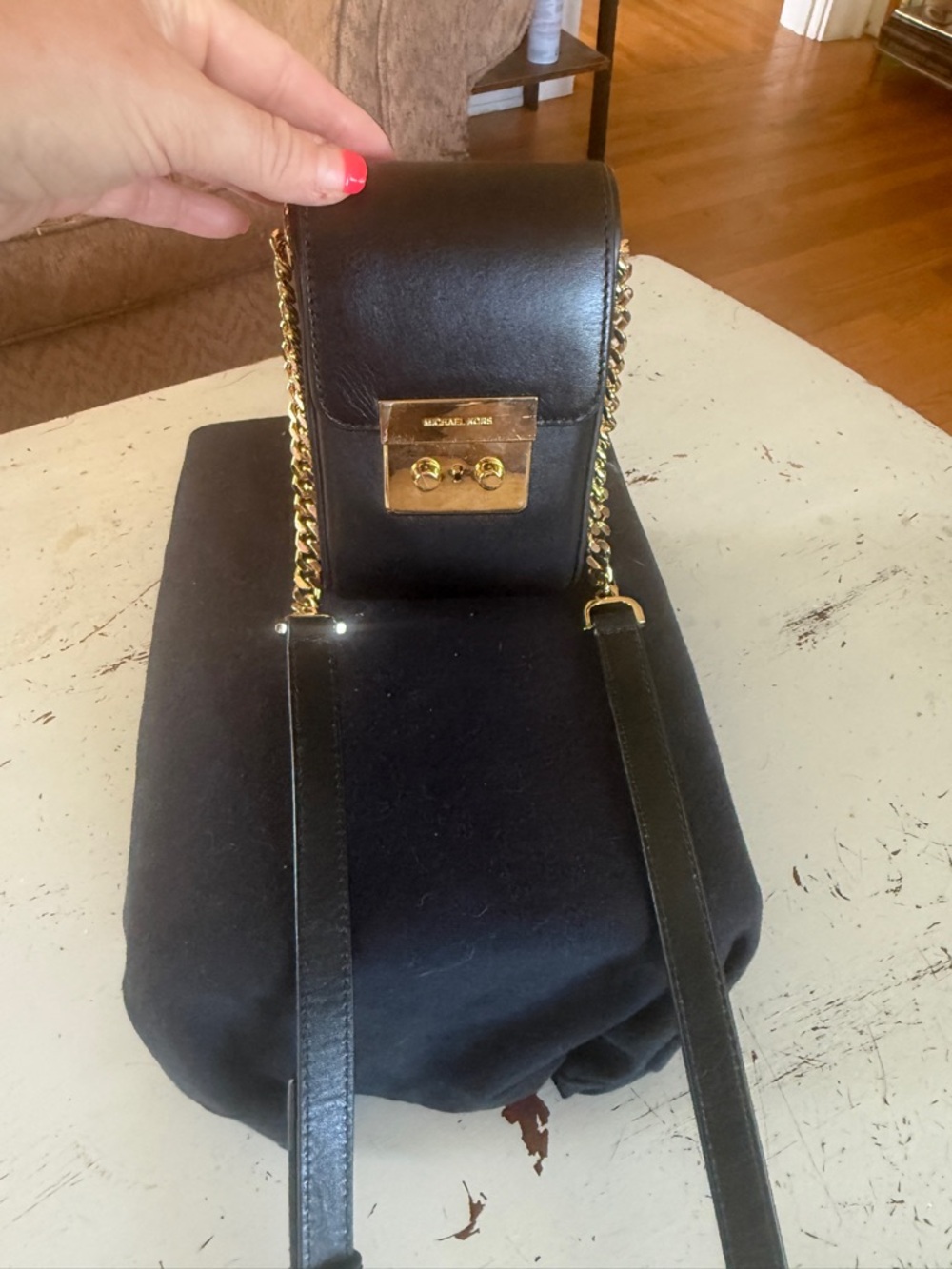 Michael Kors Black Leather Box Crossbody Bag - Gold Push Lock Hardware